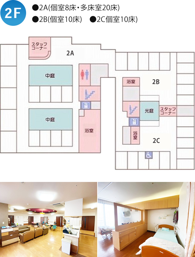 2F ●2A(個室8床・多床室20床)　●2B(個室10床)　●2C個室10床)